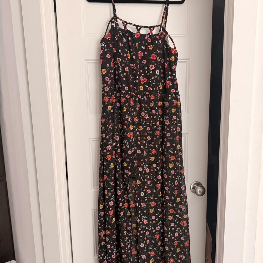 No Boundaries Black Floral Maxi Dress with Pink, Red & Yellow Flowers